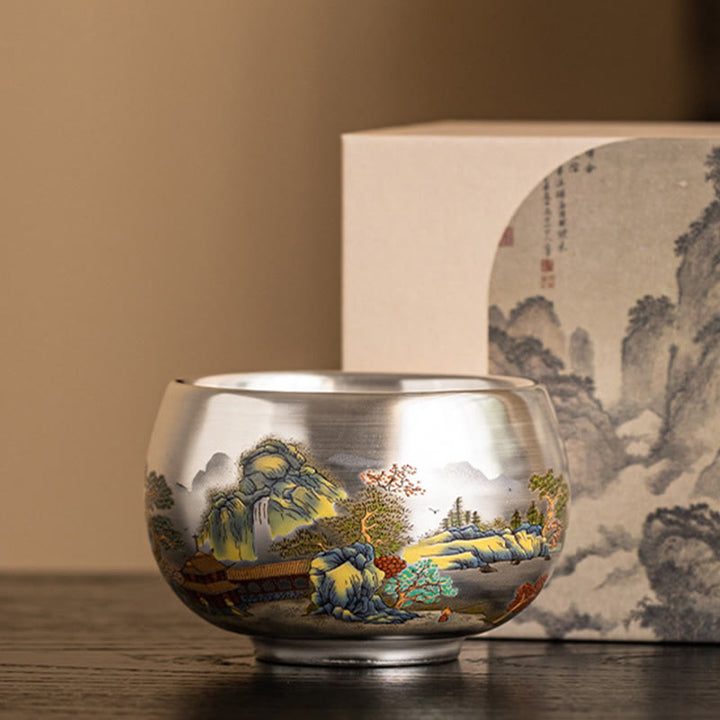 Buddha Stones、魚、蓮、海藻、谷山、松の木、龍のティーカップ、カンフーティーカップ、ギフトボックス付き