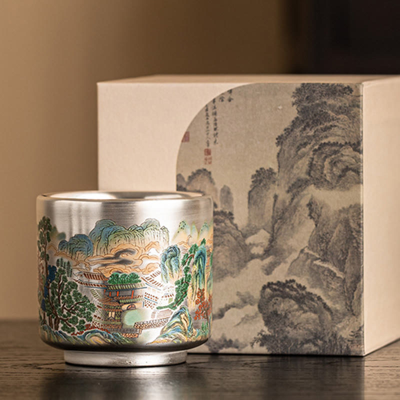 Buddha Stones、魚、蓮、海藻、谷山、松の木、龍のティーカップ、カンフーティーカップ、ギフトボックス付き