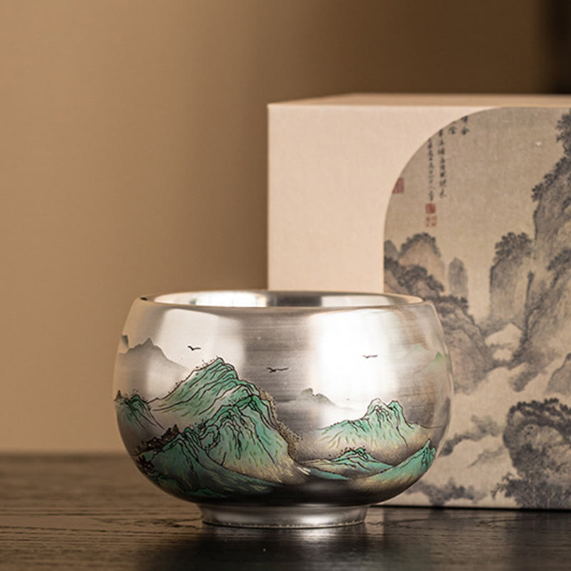 Buddha Stones、魚、蓮、海藻、谷山、松の木、龍のティーカップ、カンフーティーカップ、ギフトボックス付き