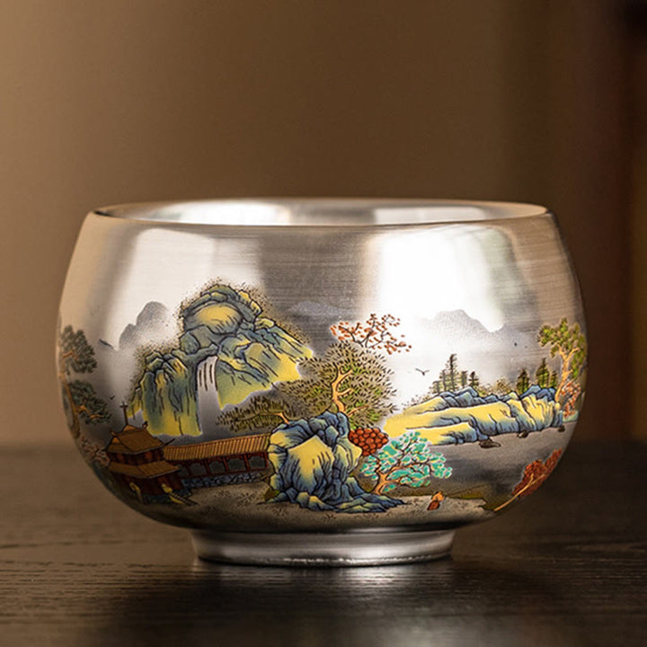 Buddha Stones、魚、蓮、海藻、谷山、松の木、龍のティーカップ、カンフーティーカップ、ギフトボックス付き