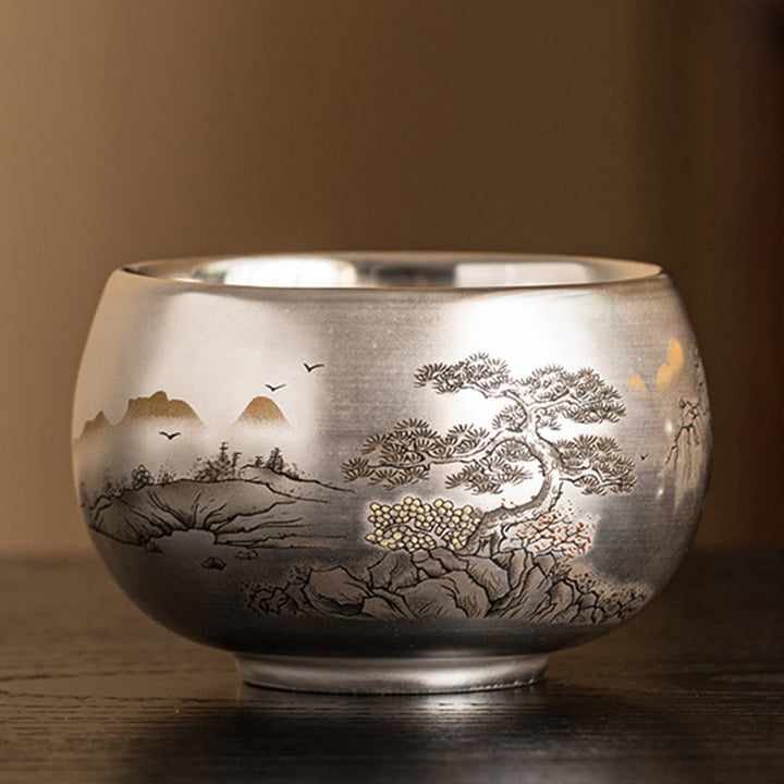 Buddha Stones、魚、蓮、海藻、谷山、松の木、龍のティーカップ、カンフーティーカップ、ギフトボックス付き
