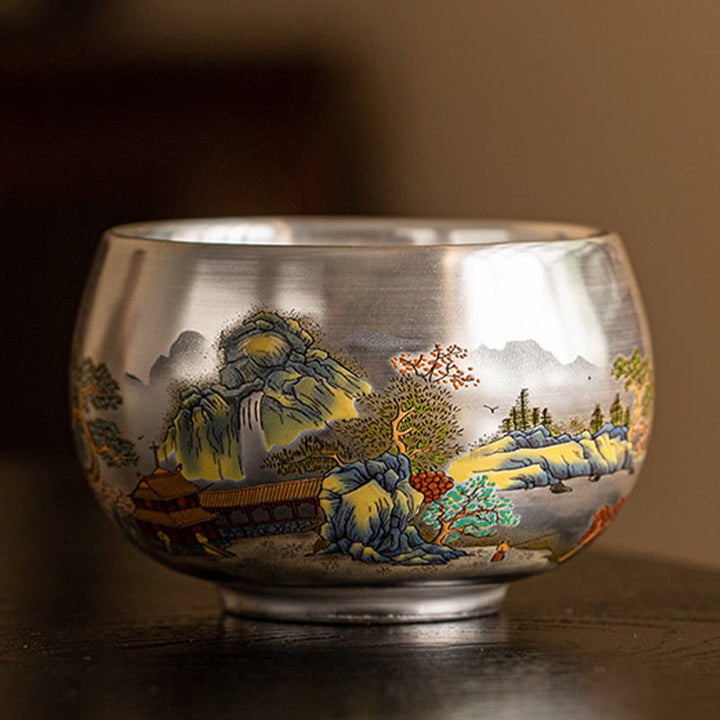 Buddha Stones、魚、蓮、海藻、谷山、松の木、龍のティーカップ、カンフーティーカップ、ギフトボックス付き