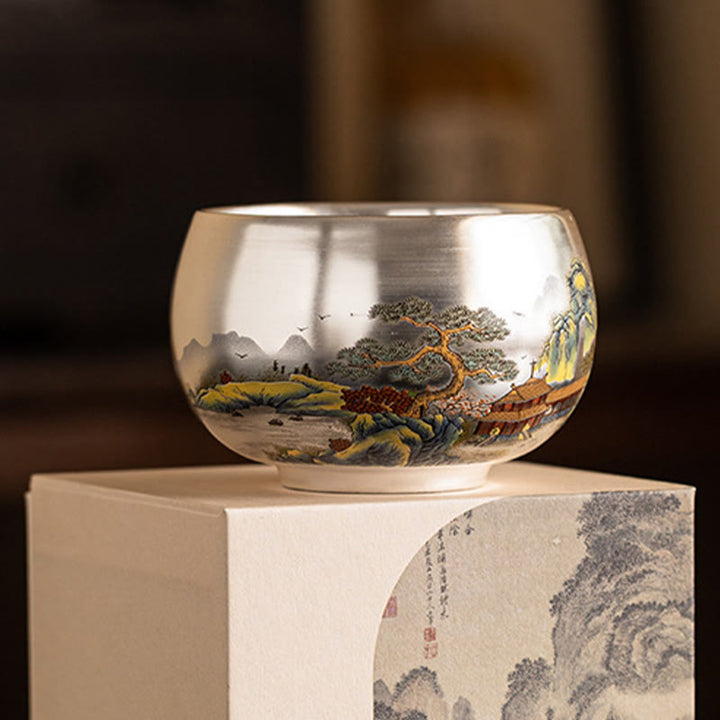 Buddha Stones、魚、蓮、海藻、谷山、松の木、龍のティーカップ、カンフーティーカップ、ギフトボックス付き