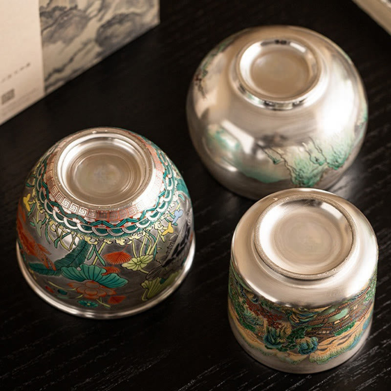 Buddha Stones、魚、蓮、海藻、谷山、松の木、龍のティーカップ、カンフーティーカップ、ギフトボックス付き