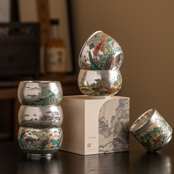 Buddha Stones、魚、蓮、海藻、谷山、松の木、龍のティーカップ、カンフーティーカップ、ギフトボックス付き
