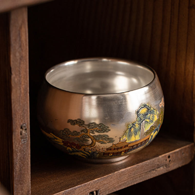 Buddha Stones、魚、蓮、海藻、谷山、松の木、龍のティーカップ、カンフーティーカップ、ギフトボックス付き