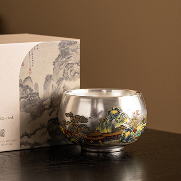 Buddha Stones、魚、蓮、海藻、谷山、松の木、龍のティーカップ、カンフーティーカップ、ギフトボックス付き