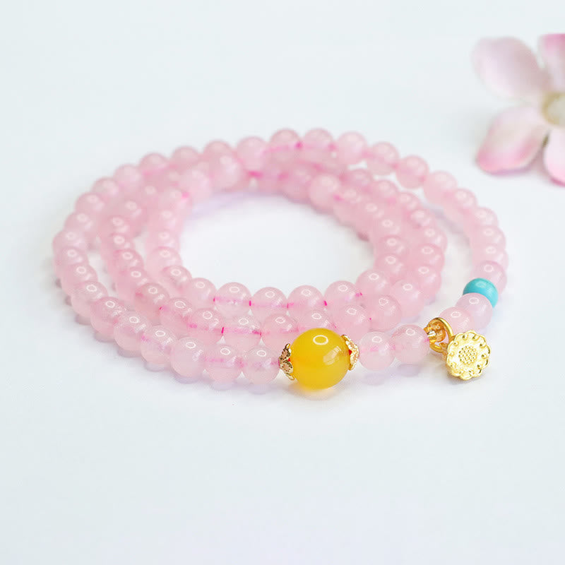 Buddha Stonesピンククリスタル マルチサークル イエローカルセドニー ロータスウォームスブレスレット