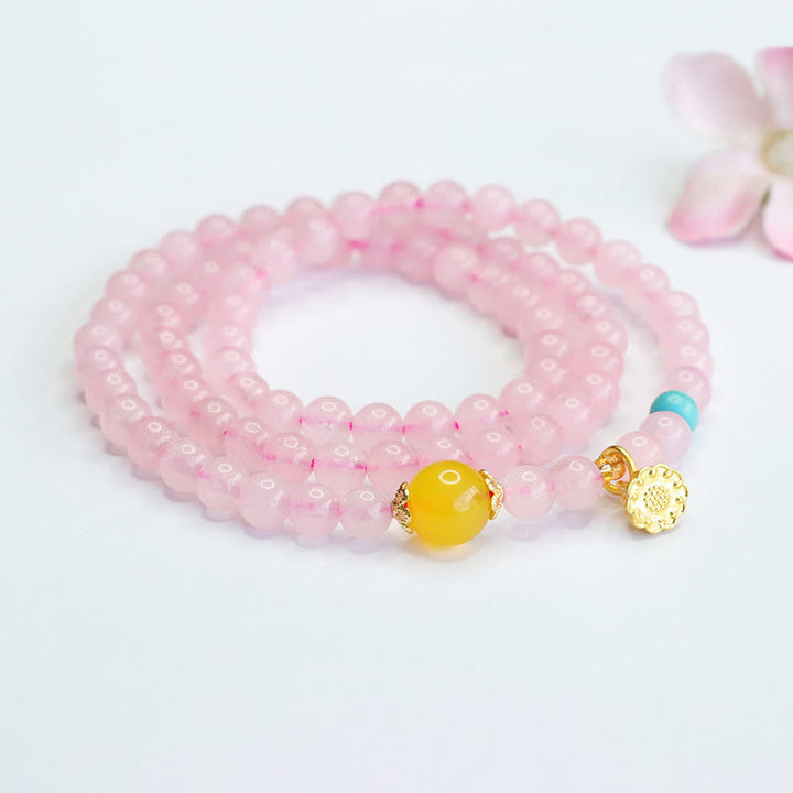 Buddha Stonesピンククリスタル マルチサークル イエローカルセドニー ロータスウォームスブレスレット