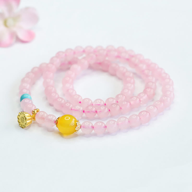 Buddha Stonesピンククリスタル マルチサークル イエローカルセドニー ロータスウォームスブレスレット