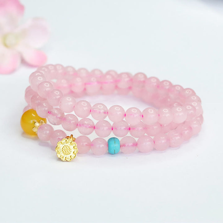 Buddha Stonesピンククリスタル マルチサークル イエローカルセドニー ロータスウォームスブレスレット