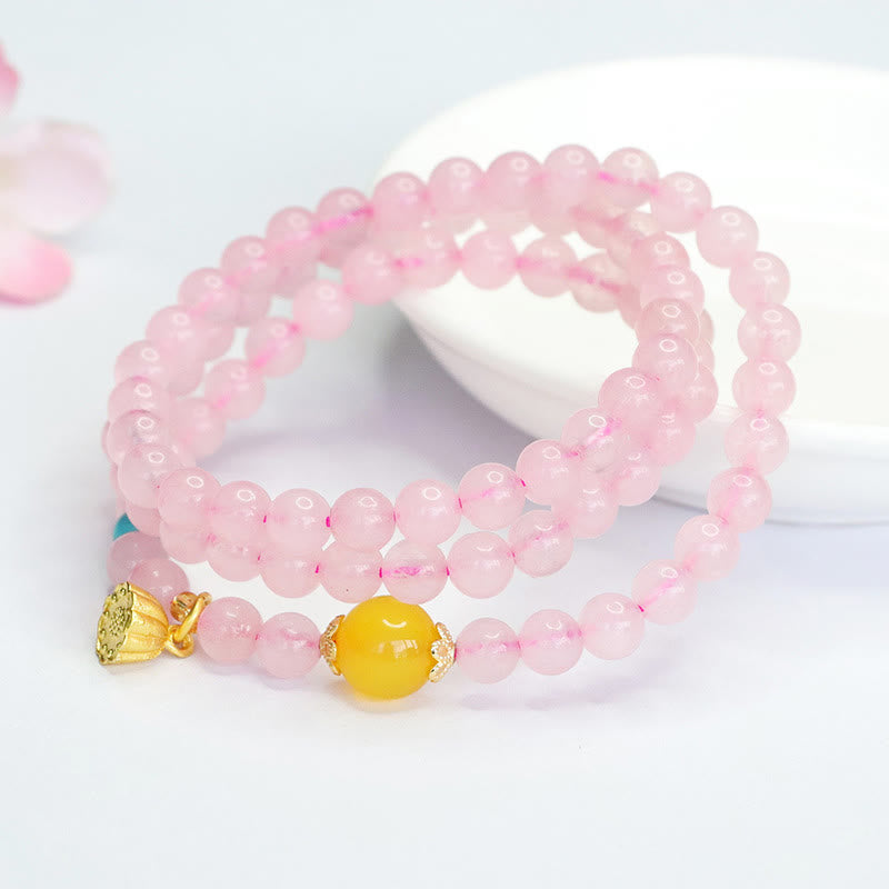 Buddha Stonesピンククリスタル マルチサークル イエローカルセドニー ロータスウォームスブレスレット