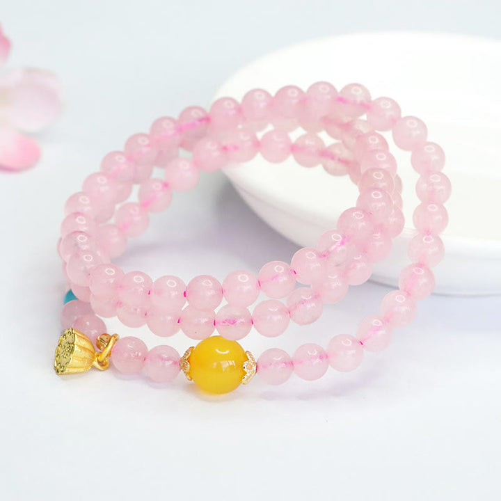 Buddha Stonesピンククリスタル マルチサークル イエローカルセドニー ロータスウォームスブレスレット