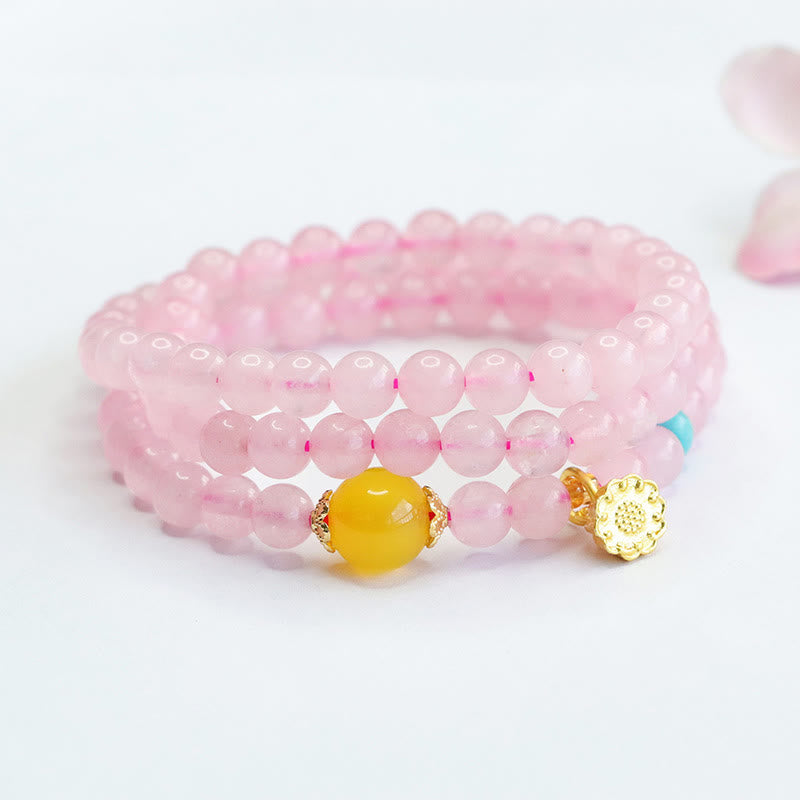 Buddha Stonesピンククリスタル マルチサークル イエローカルセドニー ロータスウォームスブレスレット