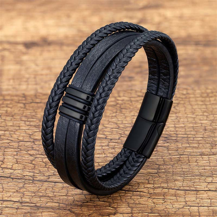 Buddha Stonesハンドメイド編み込みレザー 落ち着いたチタンスチールバックルブレスレット