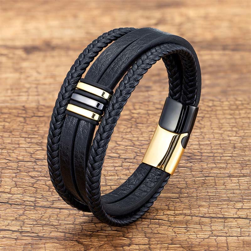 Buddha Stonesハンドメイド編み込みレザー 落ち着いたチタンスチールバックルブレスレット