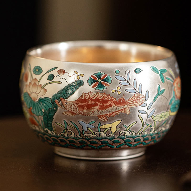 Buddha Stones、魚、蓮、海藻、谷山、松の木、龍のティーカップ、カンフーティーカップ、ギフトボックス付き