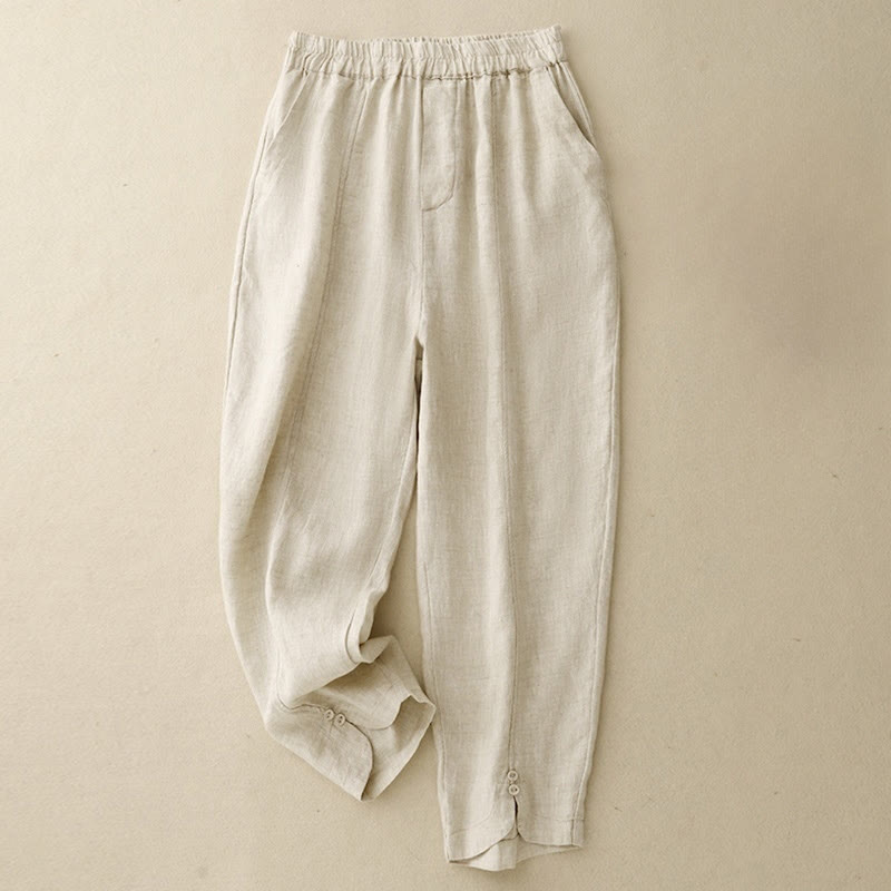 Buddha Stones夏 無地 サイドボタンデザイン コットンリネン レディース ハーレムパンツ ポケット付き - ベージュ - US8-10，UK/AU12-14，EU40-42 (2XL) - image 4