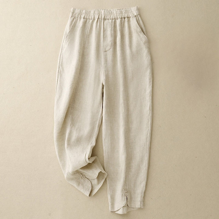 Buddha Stones夏 無地 サイドボタンデザイン コットンリネン レディース ハーレムパンツ ポケット付き - ベージュ - US8-10，UK/AU12-14，EU40-42 (2XL) - image 4