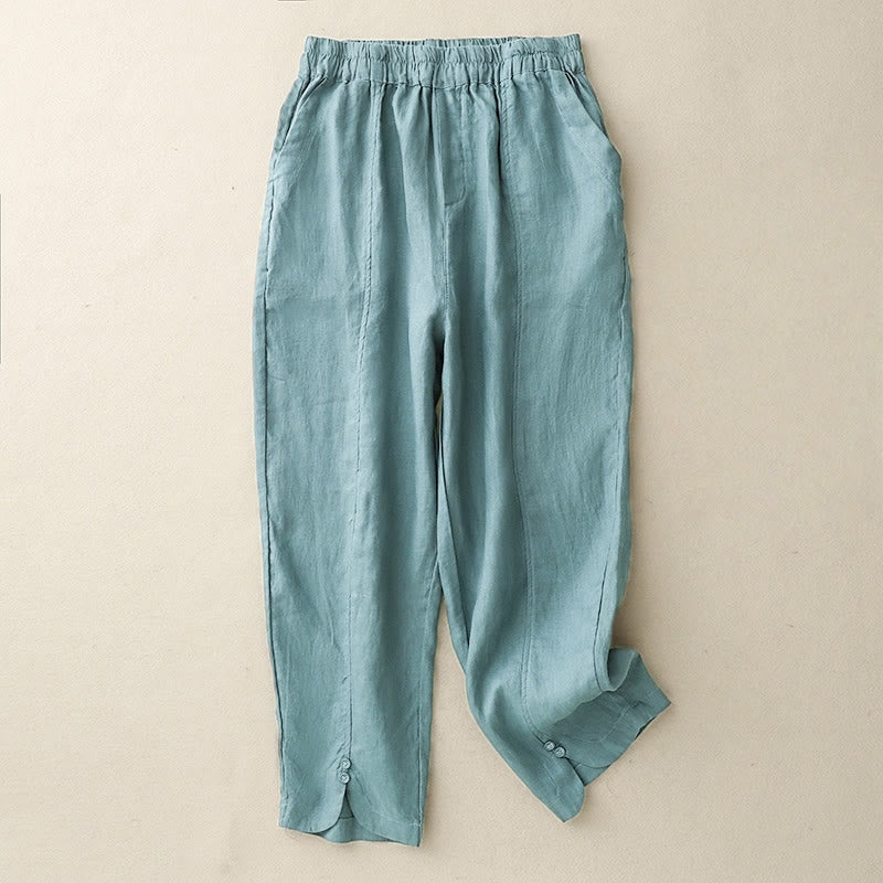Buddha Stones夏 無地 サイドボタンデザイン コットンリネン レディース ハーレムパンツ ポケット付き - ライトシーグリーン - US8-10，UK/AU12-14，EU40-42 (2XL) - image 15