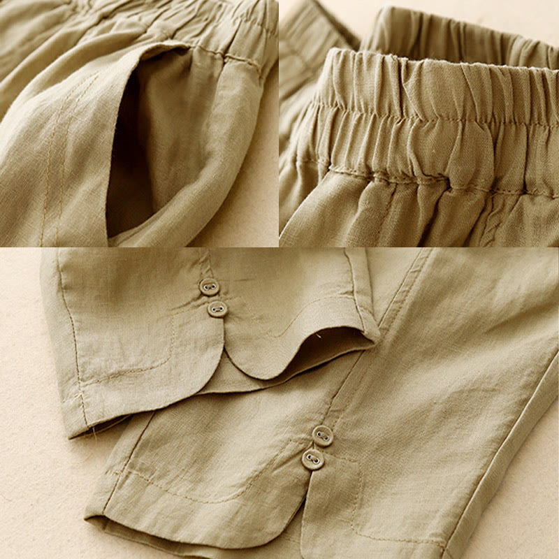 Buddha Stones夏 無地 サイドボタンデザイン コットンリネン レディース ハーレムパンツ ポケット付き - image 3