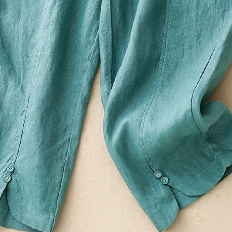 Buddha Stones夏 無地 サイドボタンデザイン コットンリネン レディース ハーレムパンツ ポケット付き - image 19