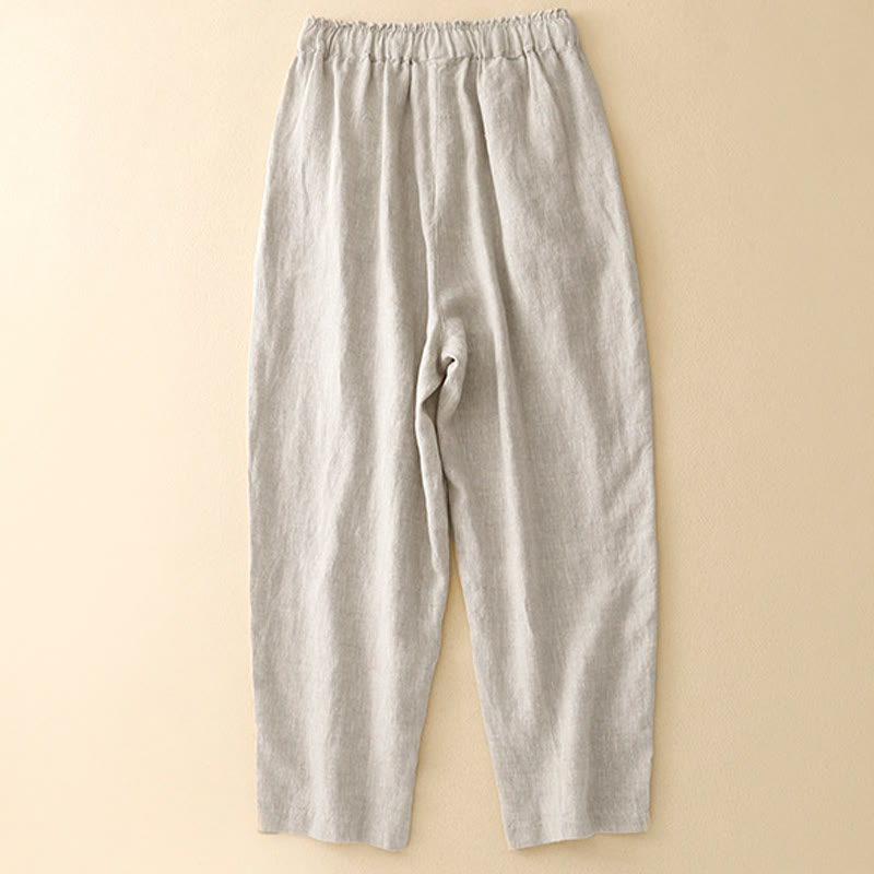 Buddha Stones夏 無地 サイドボタンデザイン コットンリネン レディース ハーレムパンツ ポケット付き - image 5