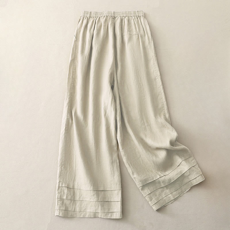 Buddha Stonesヴィンテージ 無地 プリーツカフスデザイン コットンリネン レディース ワイドレッグパンツ ポケット付き - image 1