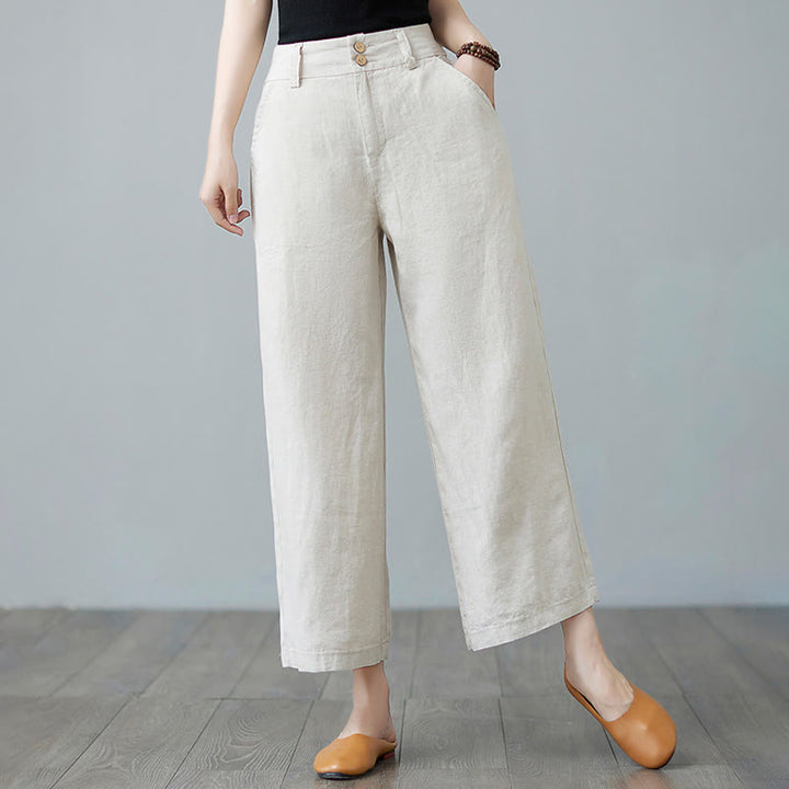 Buddha Stonesデイリー 無地 パッチワーク シンプルデザイン コットンリネン レディース パンツ ポケット付き - ベージュ - US8-10，UK/AU12-14，EU40-42 (2XL) - image 0