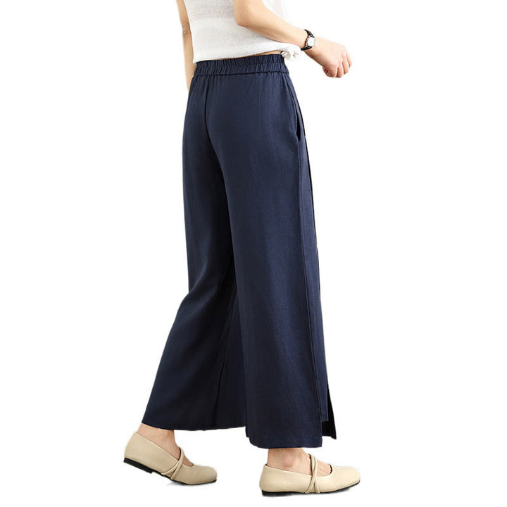 Buddha Stones春カジュアル ネイビー シンプルラインデザイン コットンリネン レディース ワイドレッグパンツ ポケット付き - image 9