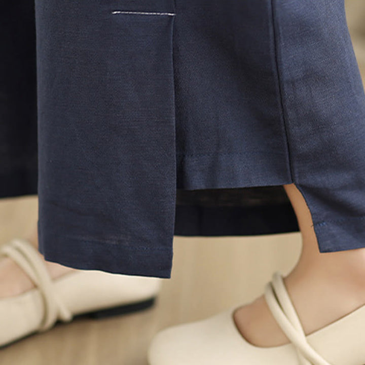 Buddha Stones春カジュアル ネイビー シンプルラインデザイン コットンリネン レディース ワイドレッグパンツ ポケット付き - image 8