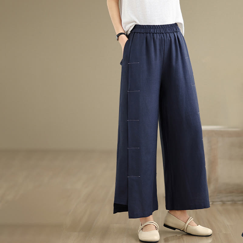 Buddha Stones春カジュアル ネイビー シンプルラインデザイン コットンリネン レディース ワイドレッグパンツ ポケット付き - image 2