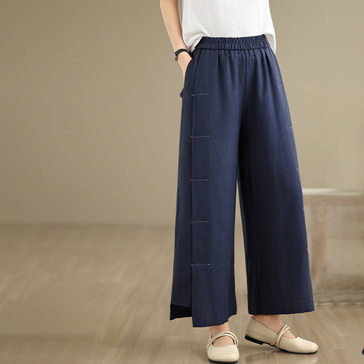 Buddha Stones春カジュアル ネイビー シンプルラインデザイン コットンリネン レディース ワイドレッグパンツ ポケット付き - image 2