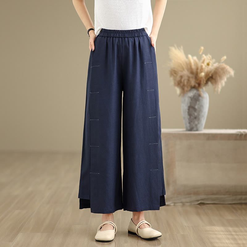 Buddha Stones春カジュアル ネイビー シンプルラインデザイン コットンリネン レディース ワイドレッグパンツ ポケット付き - image 1