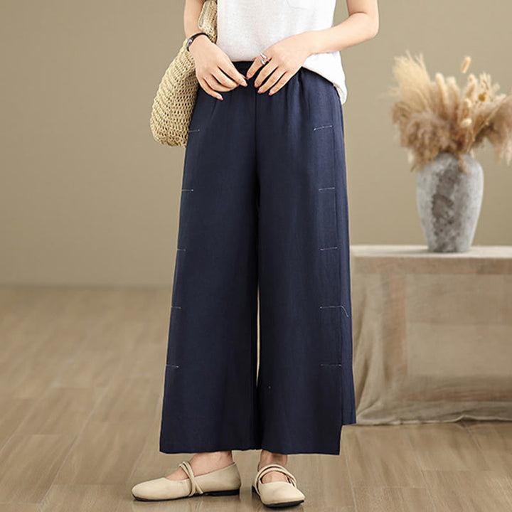 Buddha Stones春カジュアル ネイビー シンプルラインデザイン コットンリネン レディース ワイドレッグパンツ ポケット付き - image 3