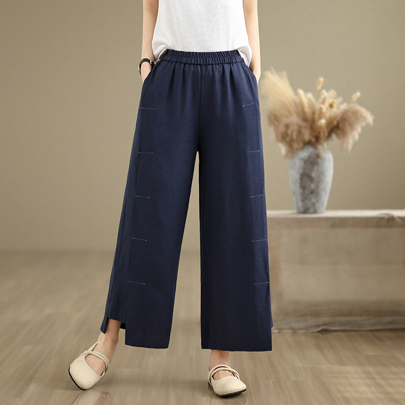 Buddha Stones春カジュアル ネイビー シンプルラインデザイン コットンリネン レディース ワイドレッグパンツ ポケット付き - image 4