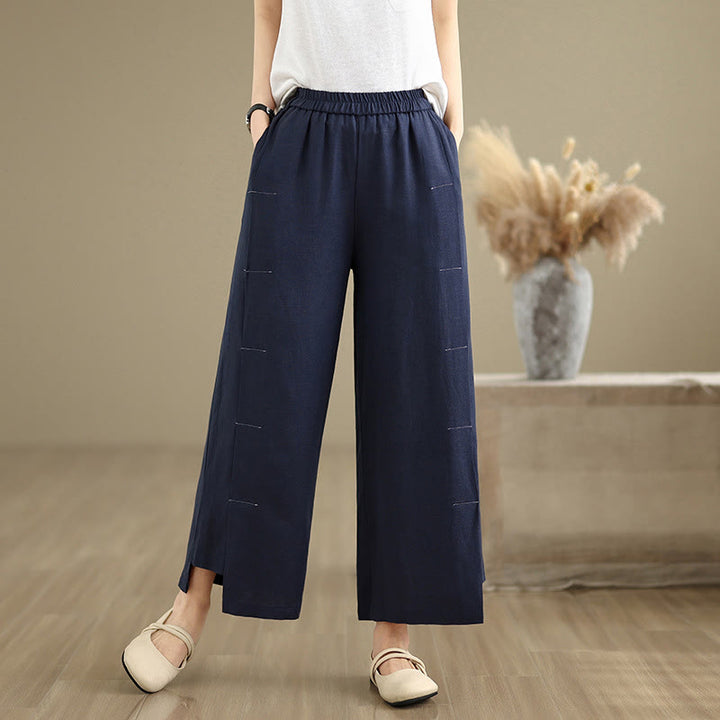 Buddha Stones春カジュアル ネイビー シンプルラインデザイン コットンリネン レディース ワイドレッグパンツ ポケット付き - image 4