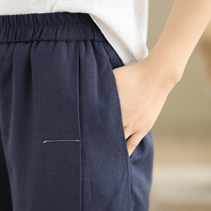 Buddha Stones春カジュアル ネイビー シンプルラインデザイン コットンリネン レディース ワイドレッグパンツ ポケット付き - image 6