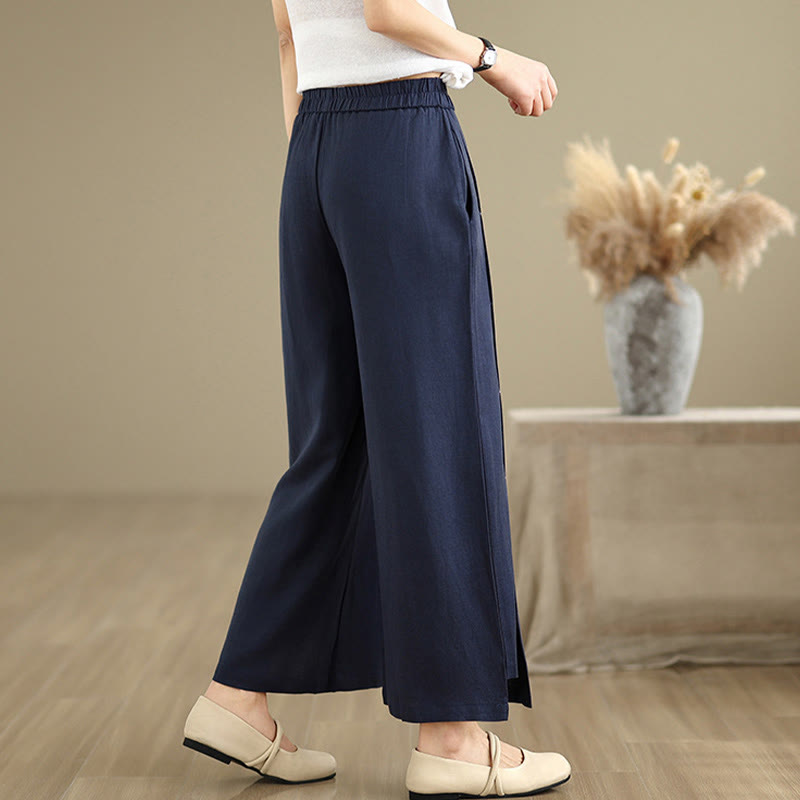 Buddha Stones春カジュアル ネイビー シンプルラインデザイン コットンリネン レディース ワイドレッグパンツ ポケット付き - image 5