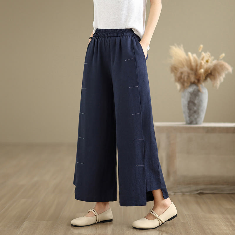 Buddha Stones春カジュアル ネイビー シンプルラインデザイン コットンリネン レディース ワイドレッグパンツ ポケット付き - 海軍 - US8-10，UK/AU12-14，EU40-42 (2XL) - image 0