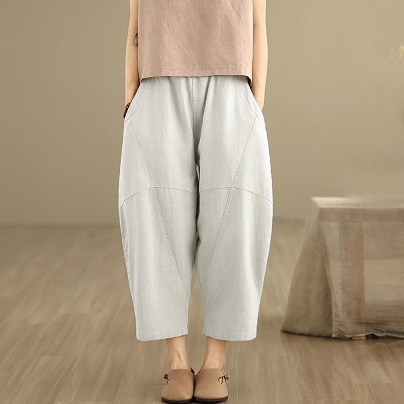 Buddha Stones春 7-8丈 無地 レディース コットンリネン ハーレムパンツ ポケット付き - image 1