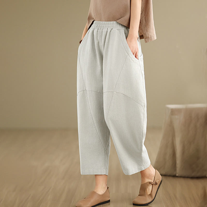 Buddha Stones春 7-8丈 無地 レディース コットンリネン ハーレムパンツ ポケット付き - image 3