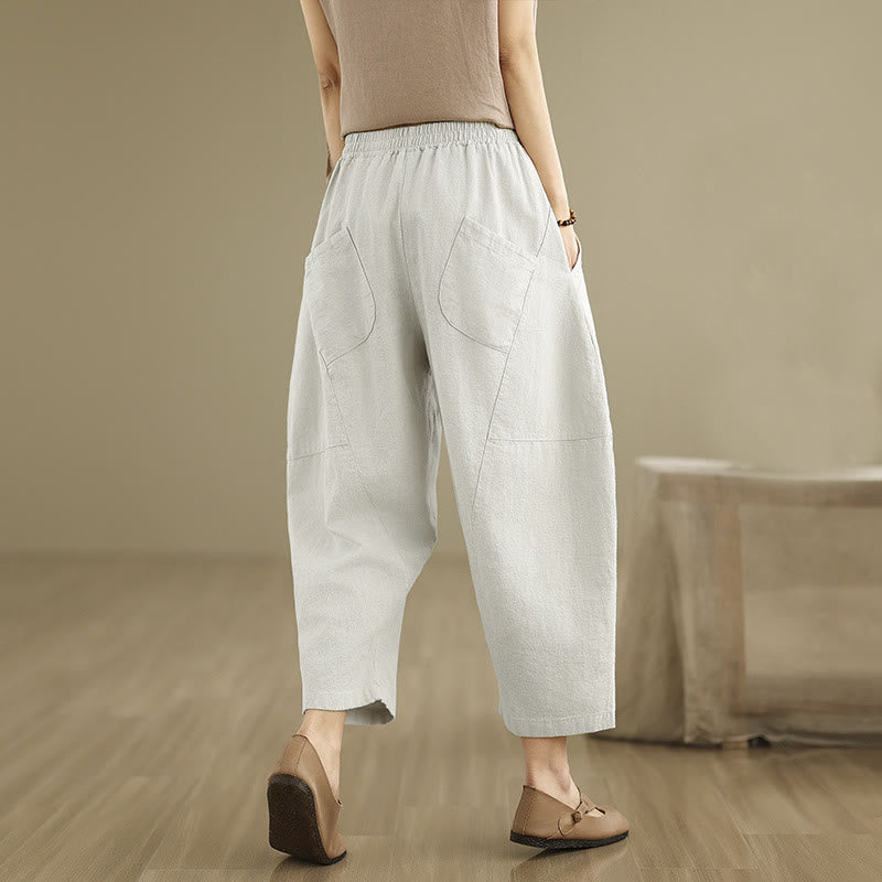 Buddha Stones春 7-8丈 無地 レディース コットンリネン ハーレムパンツ ポケット付き - image 4