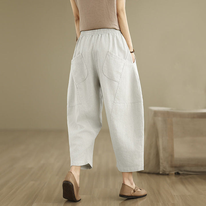 Buddha Stones春 7-8丈 無地 レディース コットンリネン ハーレムパンツ ポケット付き - image 4