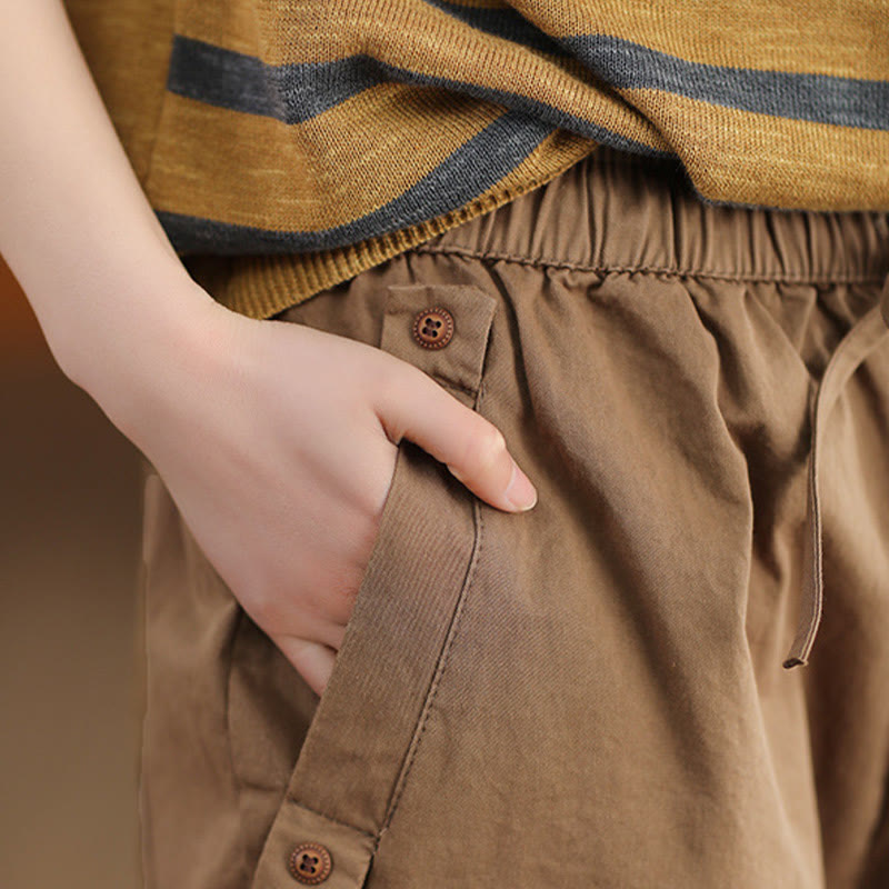 Buddha Stonesカジュアル 無地 パッチカフデザイン レディース コットン ハーレム クロップドパンツ ポケット付き - image 3