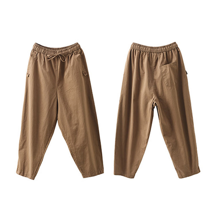Buddha Stonesカジュアル 無地 パッチカフデザイン レディース コットン ハーレム クロップドパンツ ポケット付き