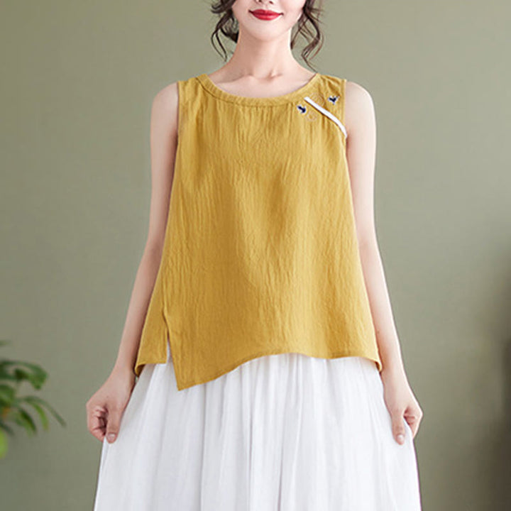 Buddha Stonesヴィンテージ刺繍 クルーカラー コットンリネン ノースリーブ レディース ベスト ウエストコート
