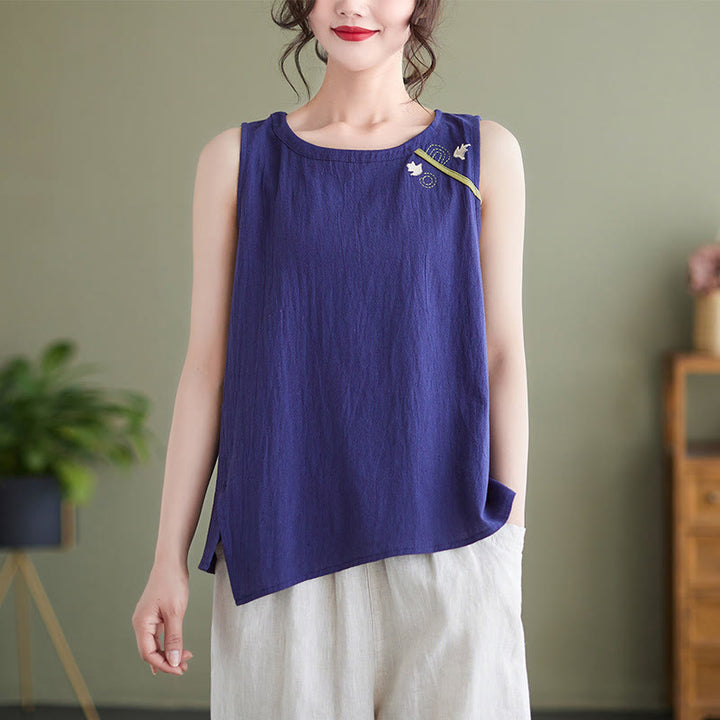 Buddha Stonesヴィンテージ刺繍 クルーカラー コットンリネン ノースリーブ レディース ベスト ウエストコート