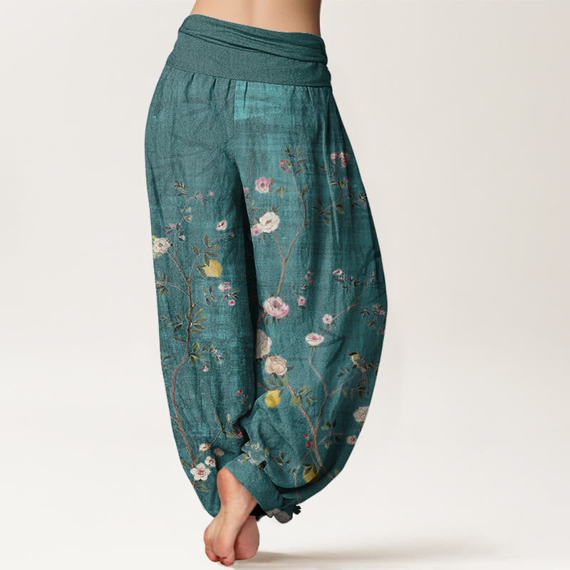 Buddha Stones、ピンク、白の花、竹の葉、フルーツデザイン、レディース 伸縮性ウエスト ハーレムパンツ - image 2