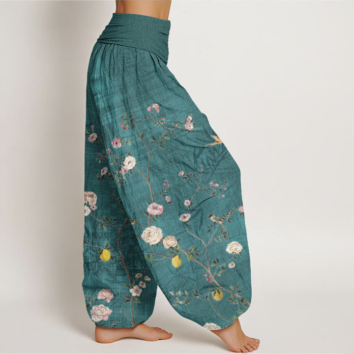 Buddha Stones、ピンク、白の花、竹の葉、フルーツデザイン、レディース 伸縮性ウエスト ハーレムパンツ - image 3
